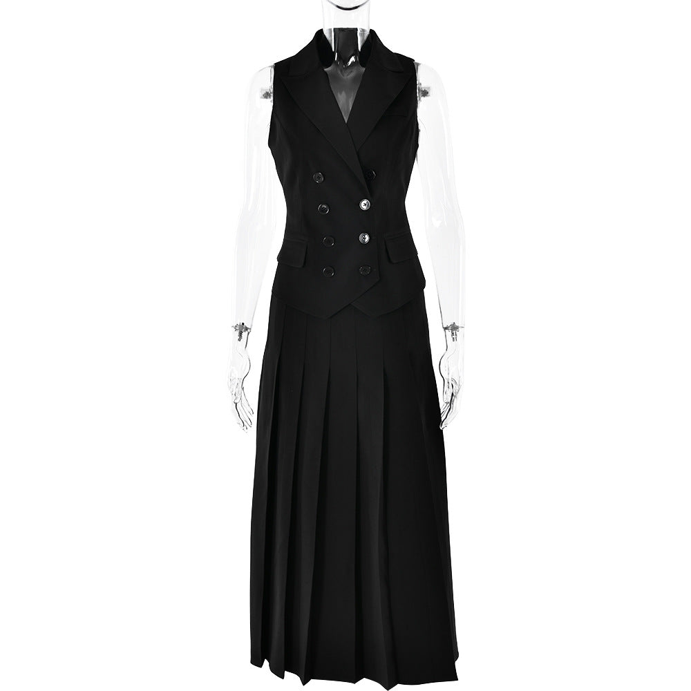 Autumn Elegant Maxi Skirt Sleeveless Vest Pleated Dress Two Piece Sets