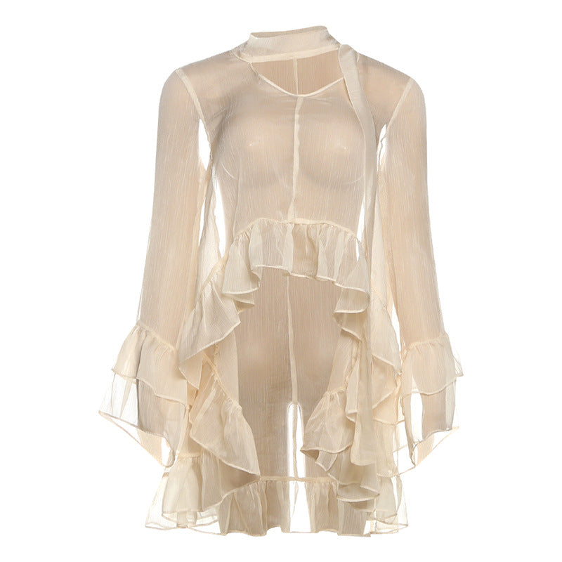 Fall Women Clothing Sexy Hanging Collar See through Ruffled Long Sleeve Smock Top Women