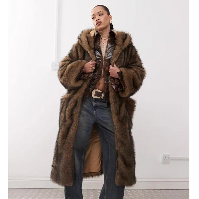 Women Fur Coat Winter Warm Faux Fur Coat Young Wolf Fur Color Hooded Warm Trench Coat