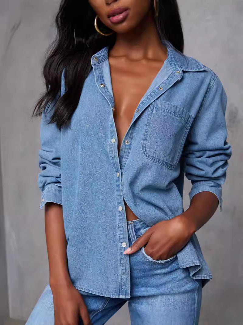 Denim Shirt Women Autumn Pocket Casual Loose Long Sleeve Top
