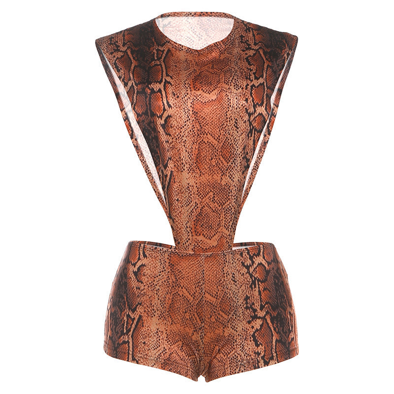 Autumn Winter Women Crew Neck Personality Snake Pattern Sexy Cutout Slim Sexy Jumpsuit