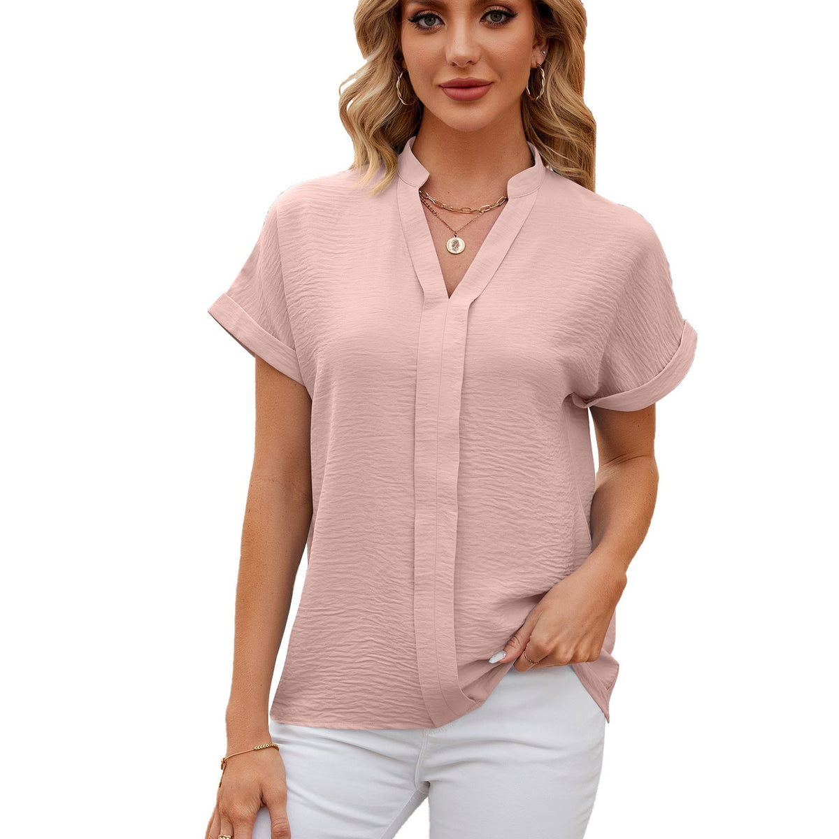 Spring Summer Solid Color V neck Short Sleeve Shirt Loose Casual Chiffon Shirt