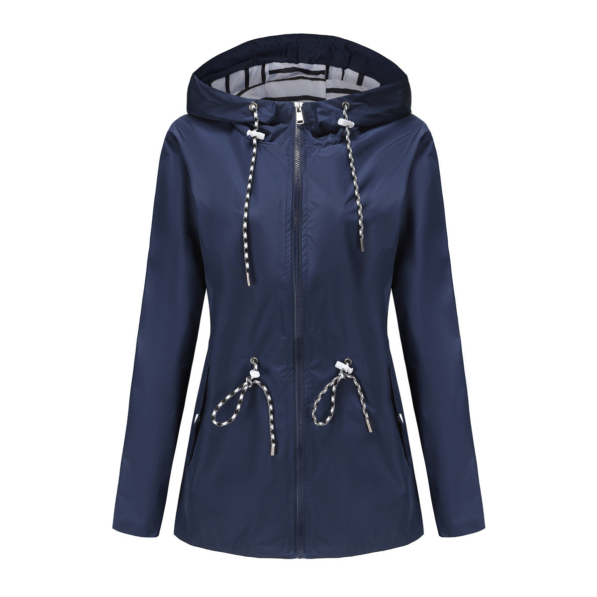 Long Sleeved Waterproof Mid Length Trench Coat Women Hooded Striped Raincoat Women Clothing