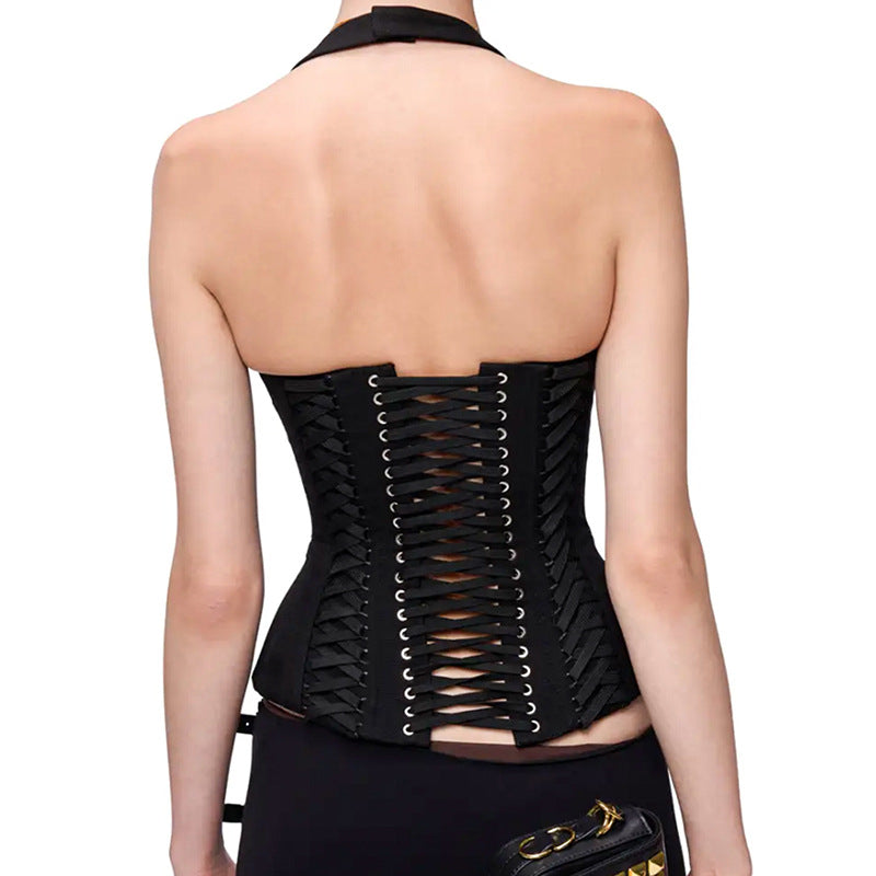 Lace up Sexy Halterneck Vest Deep V Plunge Sexy Short Top