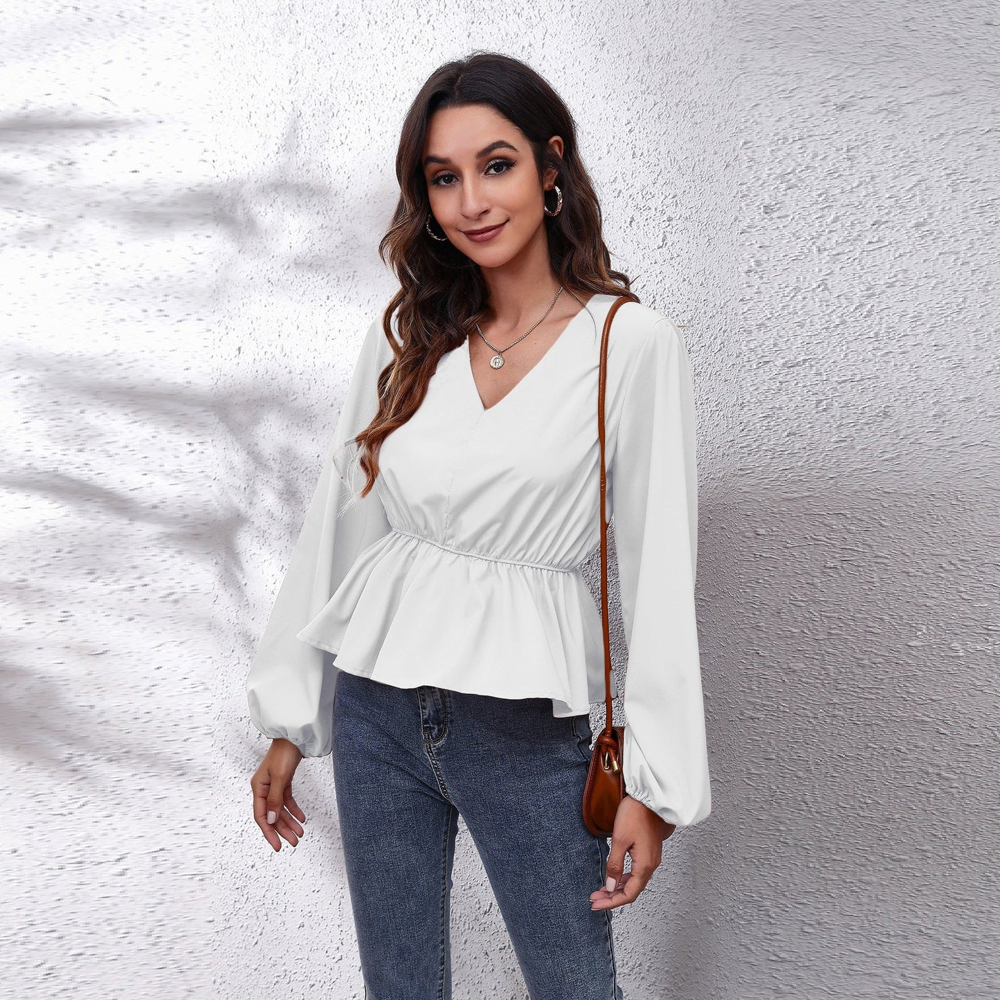 Popular Real Shot Lantern Sleeve Chiffon Shirt Solid Color Waist Tight V Neck Long Sleeve Women Top