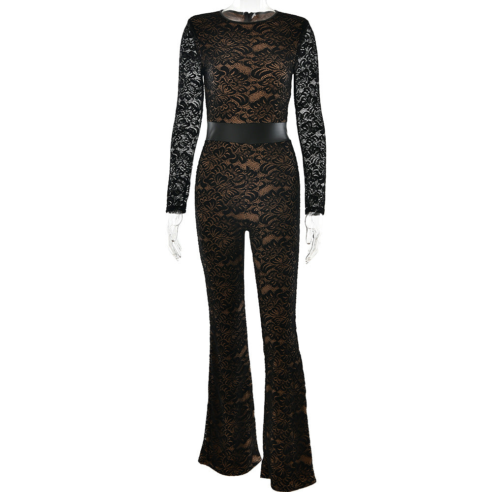 Autumn Winter Sexy Lace Stitching Arrival Long Sleeve round Neck Jumpsuit