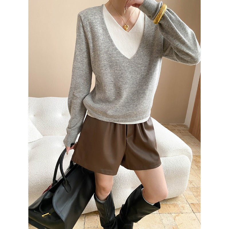 Early Autumn Contrast Colors False Two Piece V neck Loose Slimming Lazy Sweater