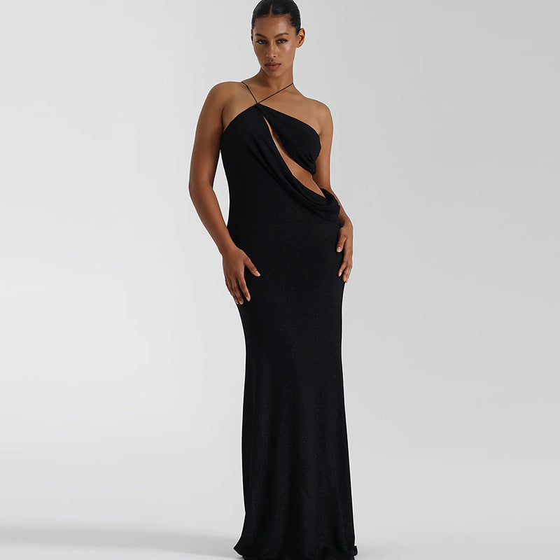 Winter Women Clothing Sexy Diagonal Collar Lace up Backless Long Slim Dress