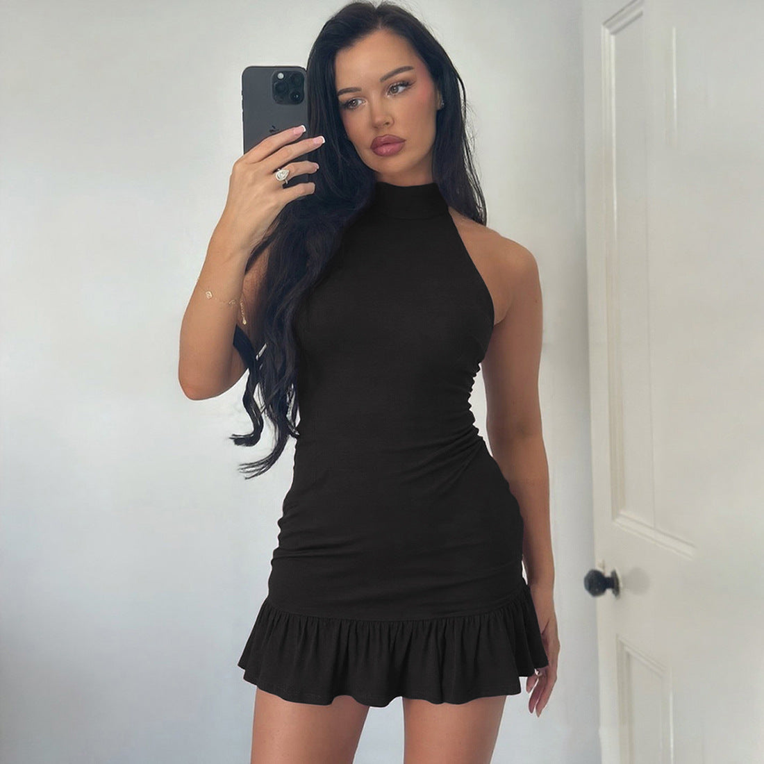 Summer Women Clothing Sexy Halter Solid Color Backless Slim Fit Sheath Dress