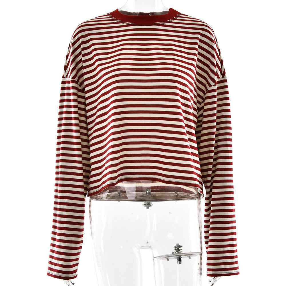 Arrival Long Sleeved Striped T shirt Casual Contrast Color Slim round Neck Top