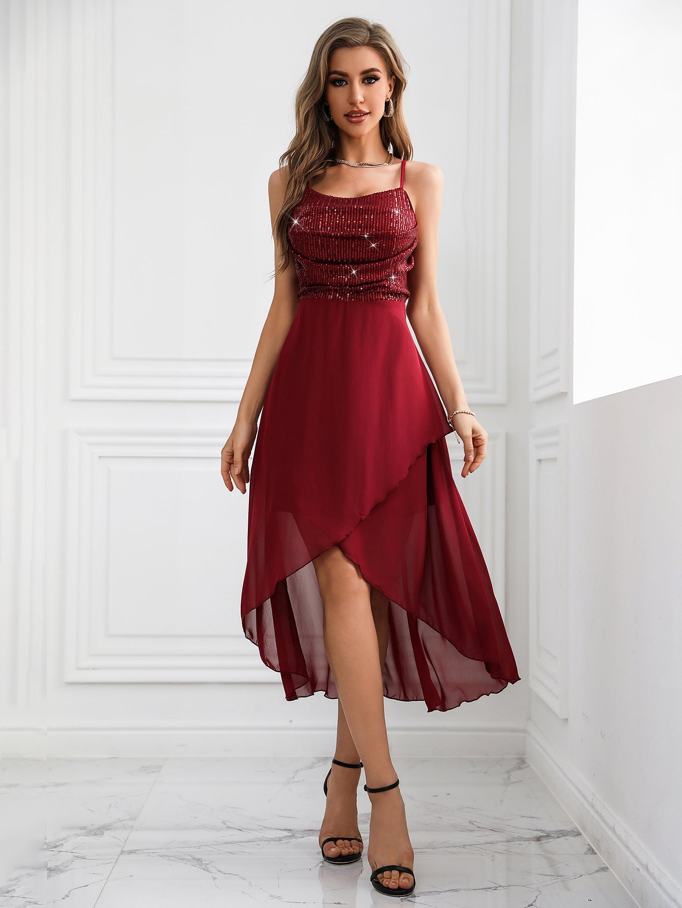 Sexy Sequined Suspender Chiffon Patchwork Dress Women Clothing Evening Dress