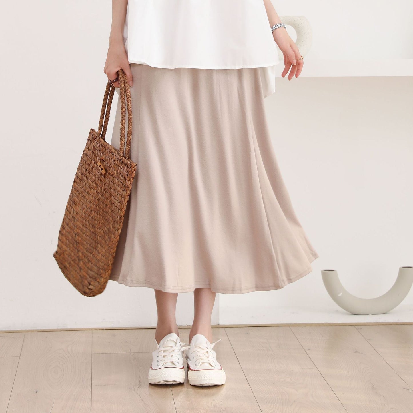 Summer Women Skirt Breathable Cool Feeling High Waist Big Swing Mid Length Real Shot