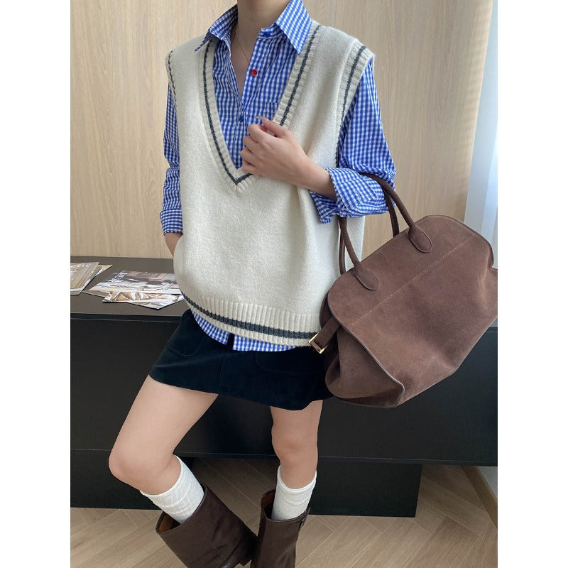 Artistic Retro Color Contrasting Stripe Large V neck Loose Knit Waistcoat Vest