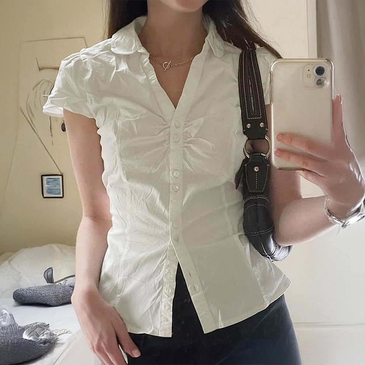 Spring Summer Pleated Stitching Collared Short Sleeve Shirt Easy Matching Waisted Slimming College Top