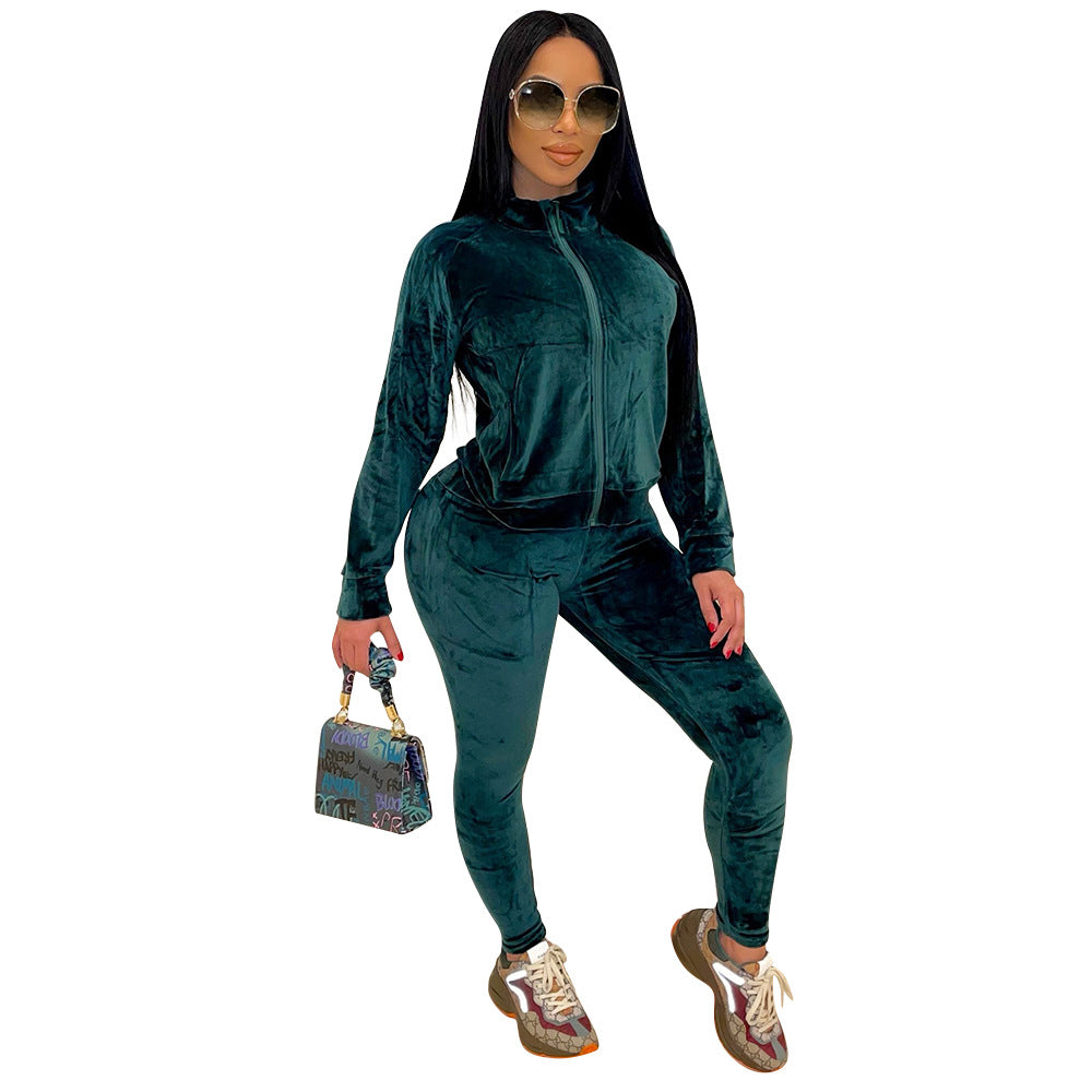Autumn Winter Women Clothing Sports Casual Solid Color Pleuche Long Sleeve Women Pants Suit