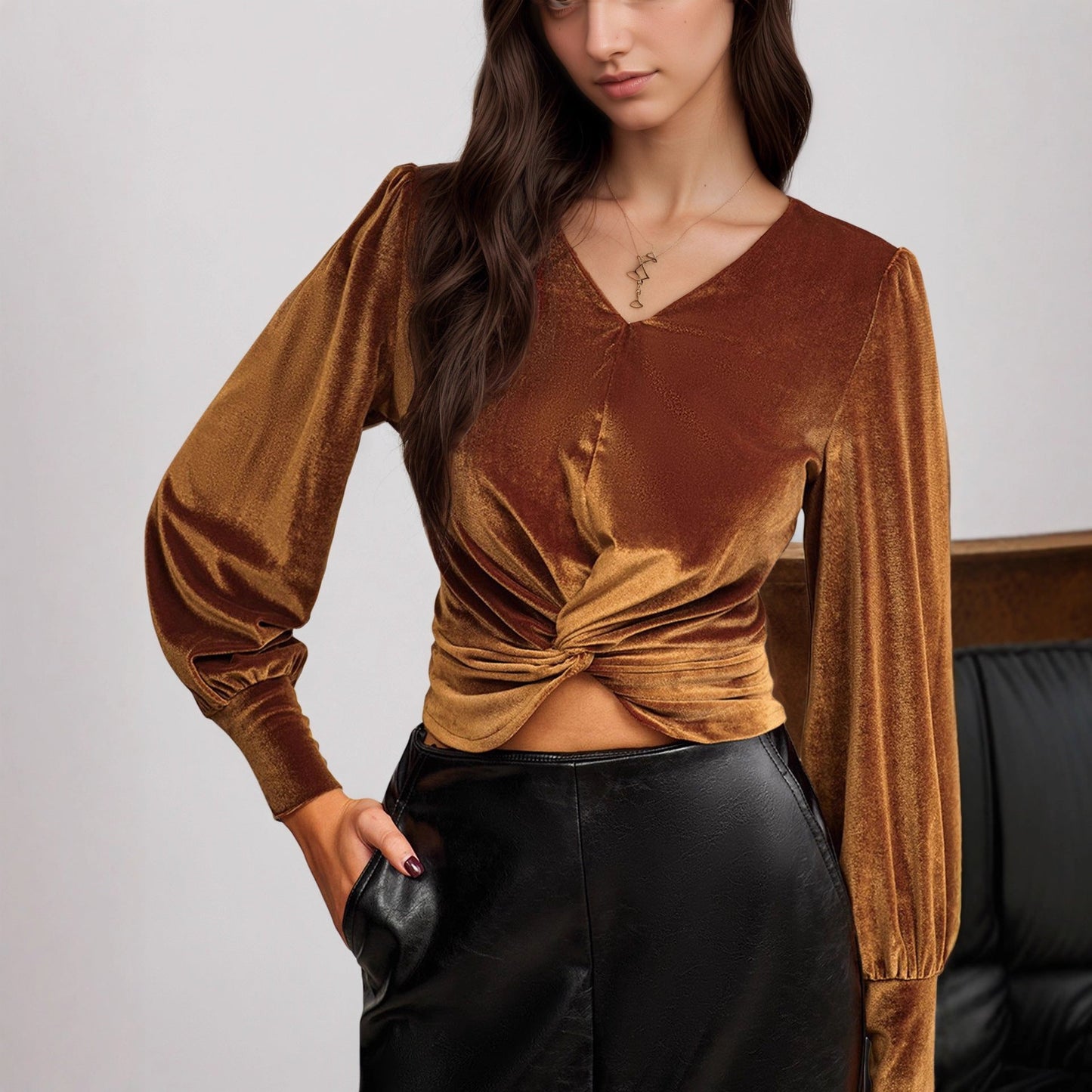 Autumn High Grade Velvet French Chic Waist Twist Design Tight Waist Long Sleeved Shirt Top