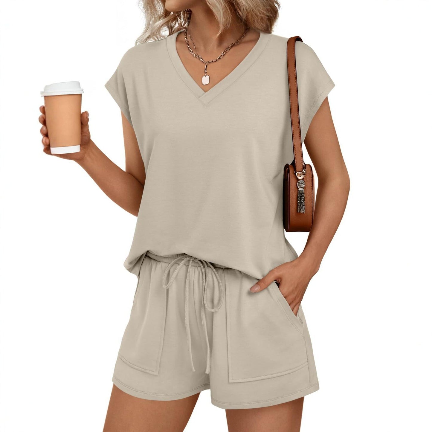 Summer Women V neck Short Sleeved Shorts Casual Two Piece Sets
