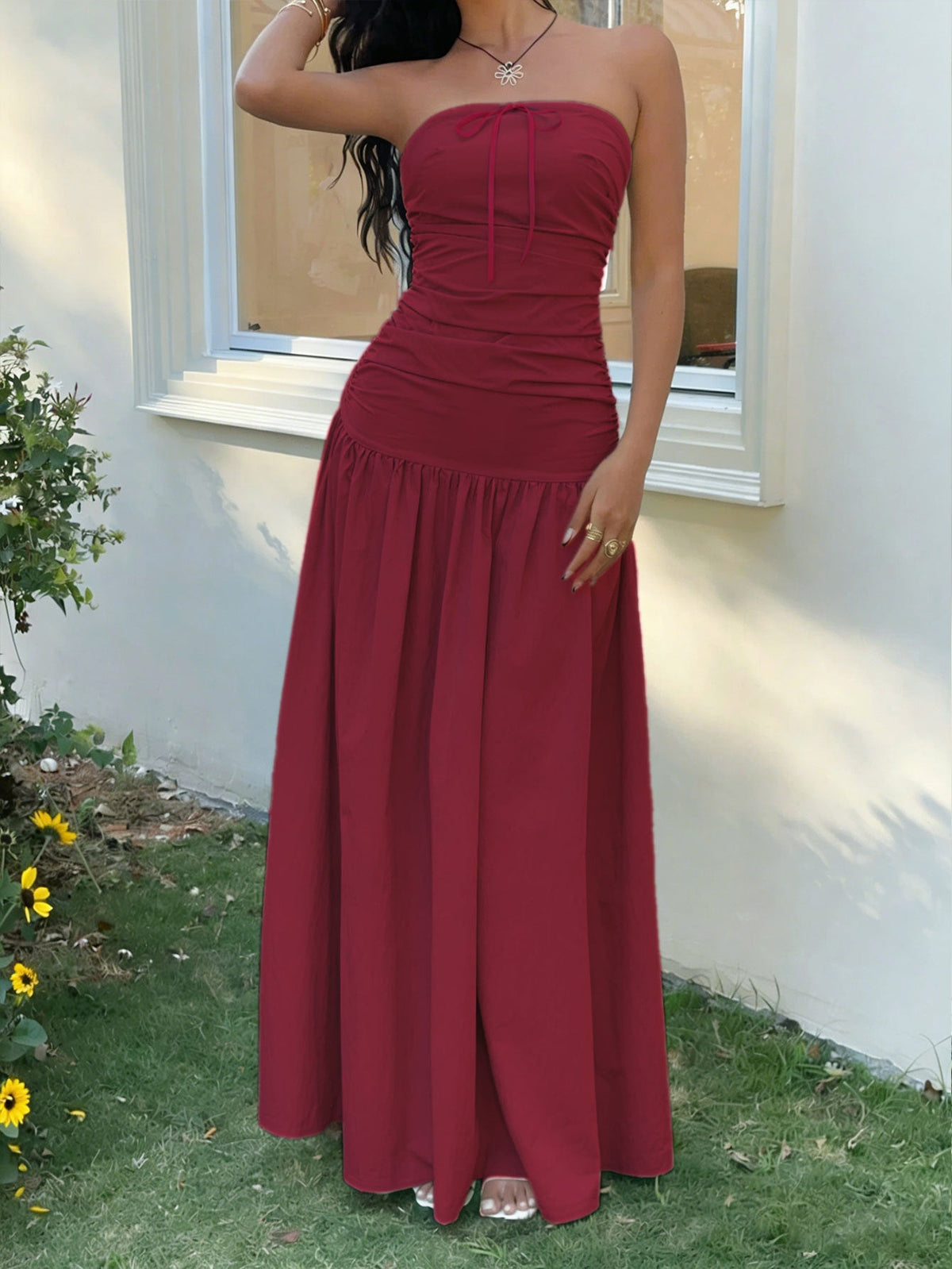 French Gentle Tube Top Dress Summer Waist Trimming Lace up Long Vacation Dress