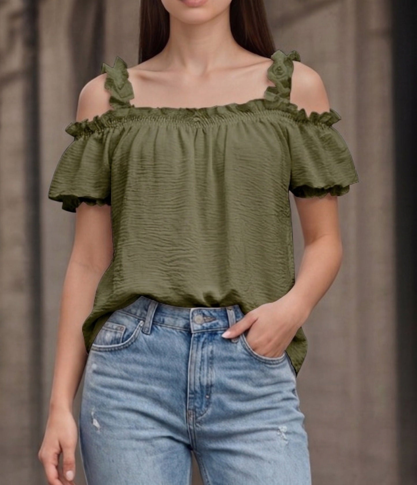 All Match Solid Color V neck Ruffled off the Shoulder Casual Sling Top