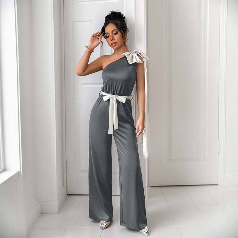 Summer Contrast Color Bow Decorative Ribbon Oblique Shoulder Sleeveless Straight Jumpsuit Women