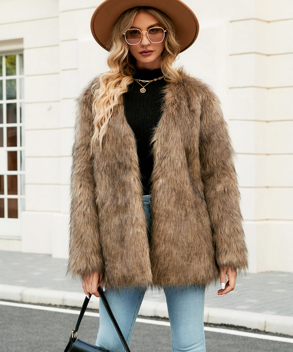 Women Casual Short V neck Women Faux Fur Coat Top Artificial Fur