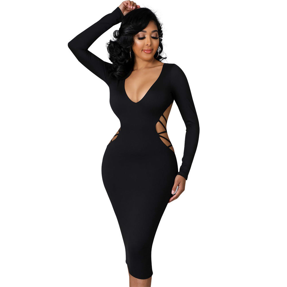 Women Clothing Sexy Tight Backless Hollow Out Cutout out V neck Dress Women
