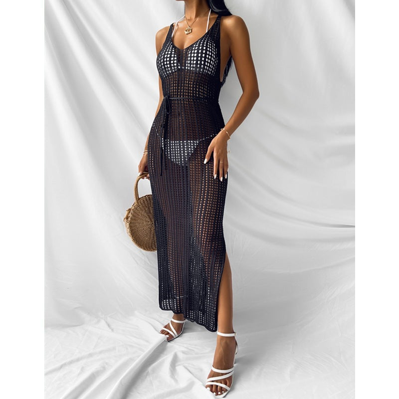 Vacation Beach Blouse Hollow Out Cutout Backless Knitted Dress Women Split Crochet hook