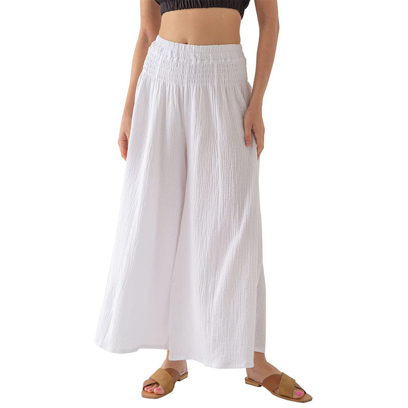 Women Summer Wide Leg Pants Loose Elastic High Waist Pure Cotton Double Layer Gauze Breathable Casual Yoga Pants