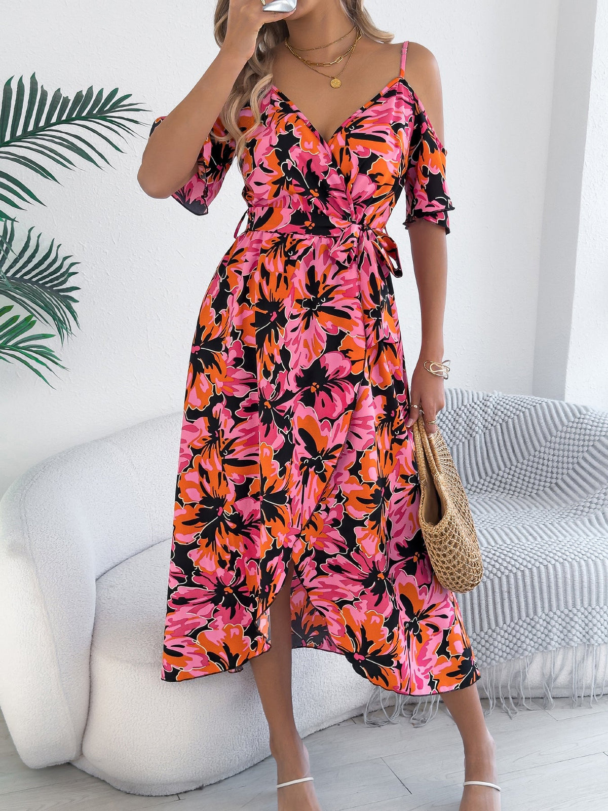 Spring Summer Strapless Cross V neck Floral Strap Dress Holiday Dress Women Clothing