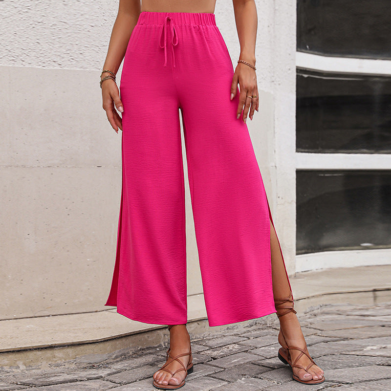 Side Slit Wide Leg Pants Loose Lace Up Pants