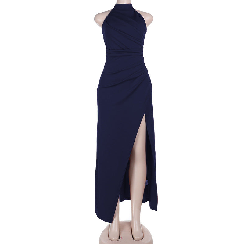 Women Evening Split Halter Party Pleated Dress