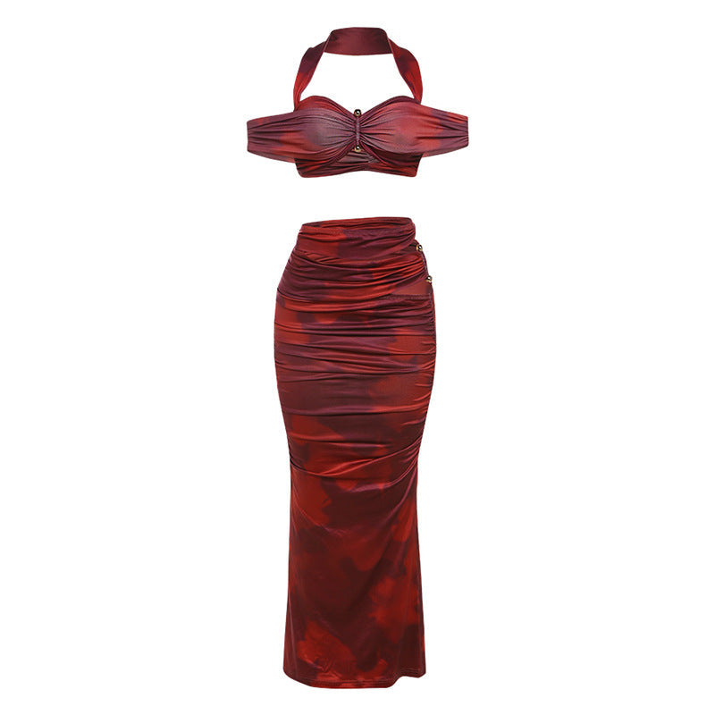 Summer Women Clothing Sexy Halter off Shoulder Spaghetti Straps Vest Slim Pleated Skirt Set