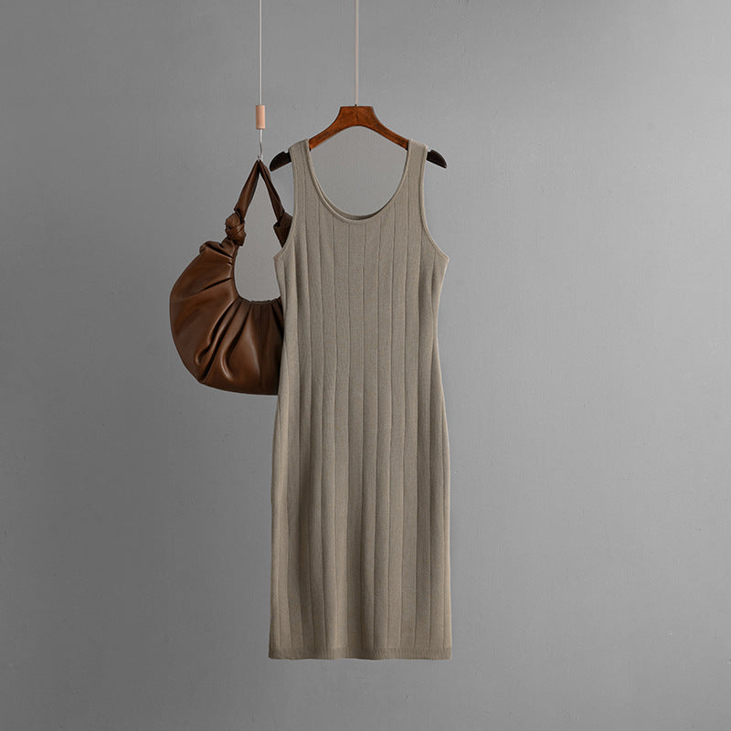 Slim Fit Double round Neck Solid Color Knitted Sling Dress Slimming Slimming Sexy Sheath Dress