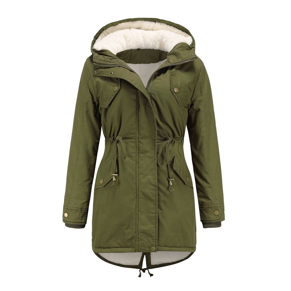 Size Autumn Winter New Women Cotton-Padded Coat Women Solid Color Hooded Drawstring Cinched Thickening Cotton-Padded Coat Velvet Cotton Clothes
