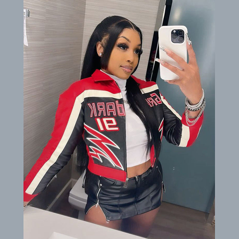 Autumn Winter Sexy Street Embroidery Collared Waist Tight Cropped Short Zipper Coat Women