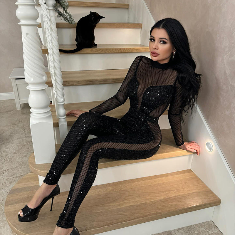 Women Clothing Grid See through Stitching Fashionable Sequ Sexy Long-Sleeved Trousers Jumpsuit