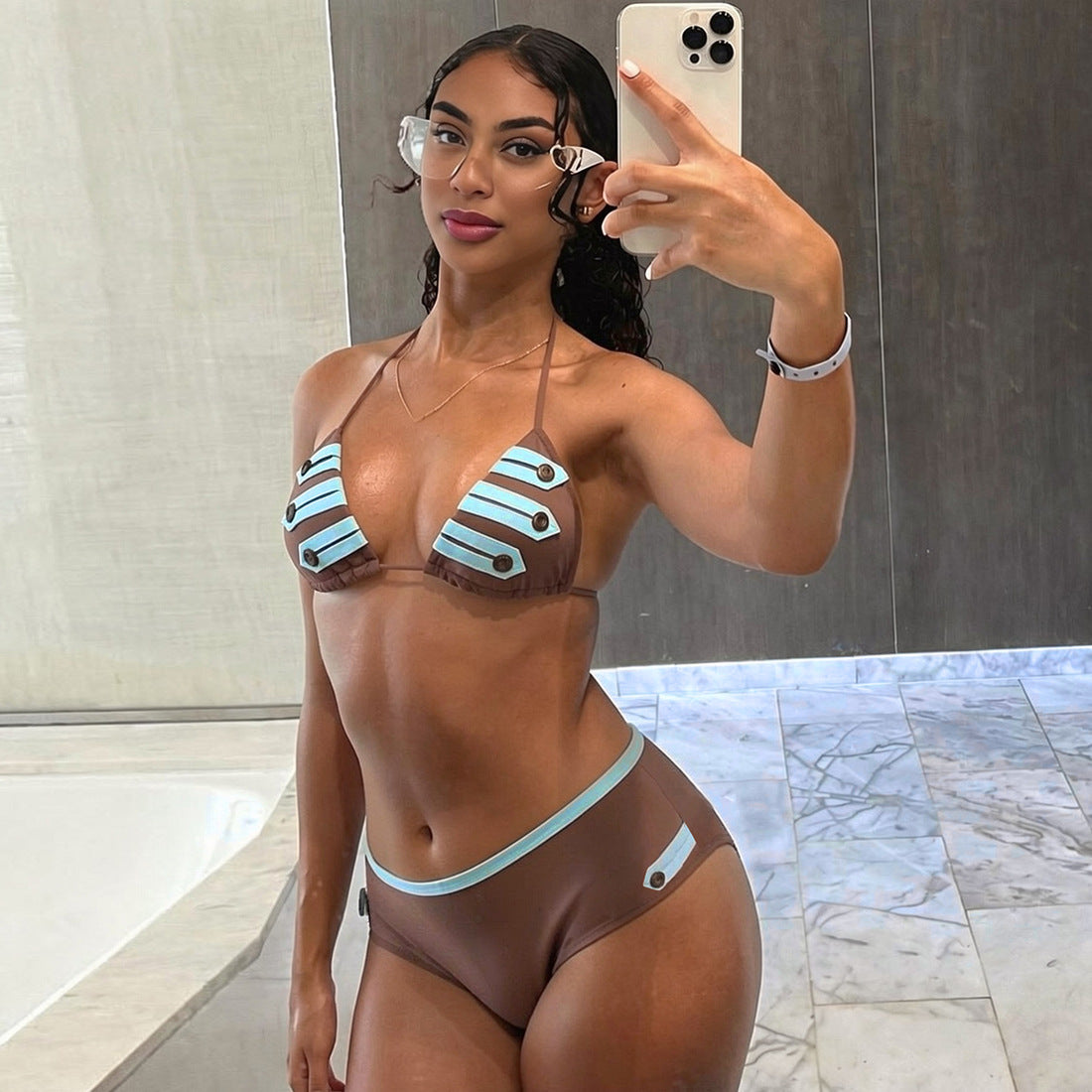 Spring Women Clothing Vacation Halter Lace up Backless Sexy Bikini Set