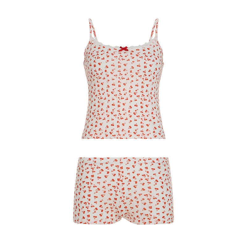 Cute Little Cherry Print Stitching Lace Girl Pajamas Pajamas Shorts Two Piece Set