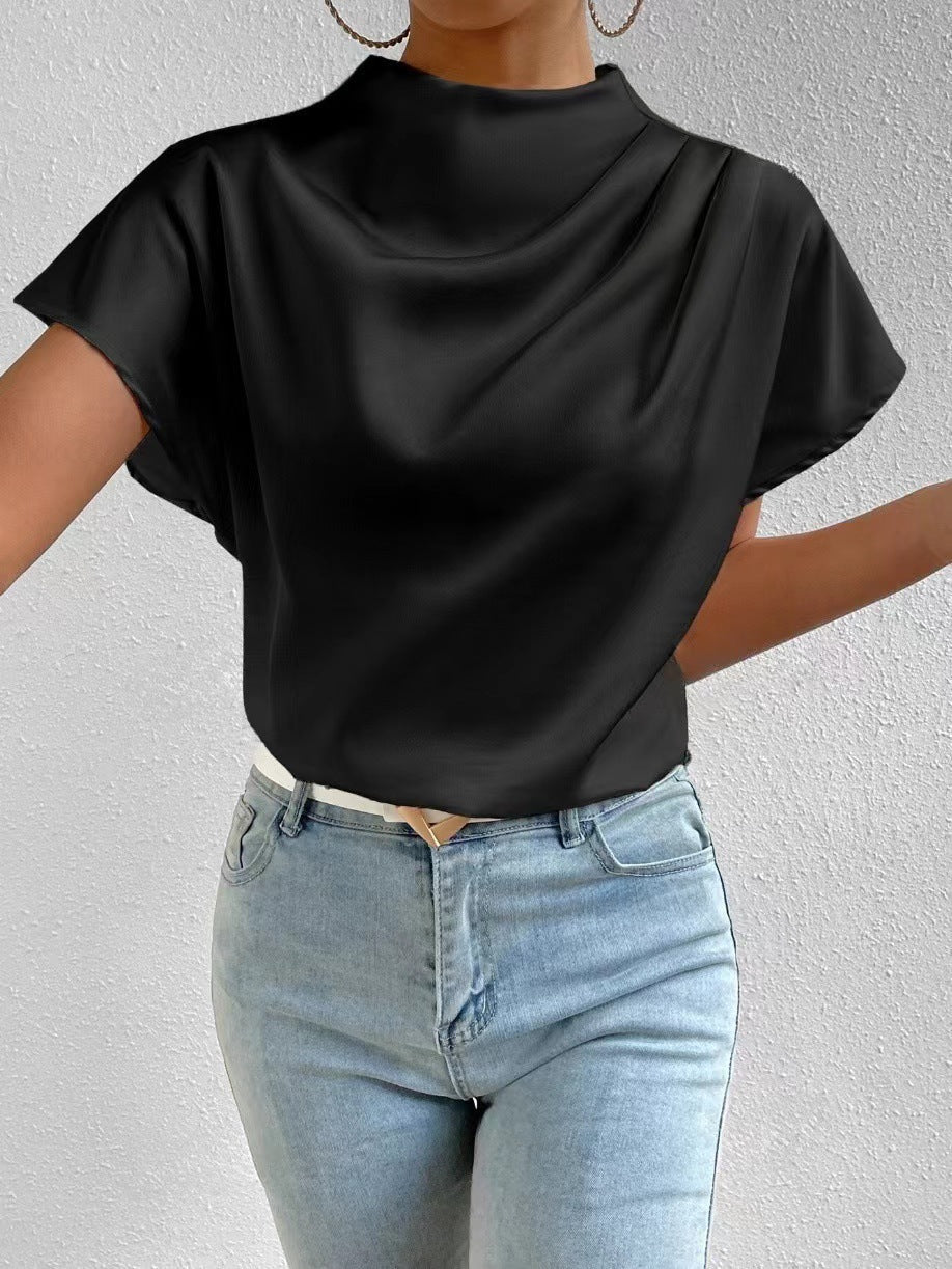 Round Neck Short Sleeve Left Shoulder Pleated T shirt Satin Women Top