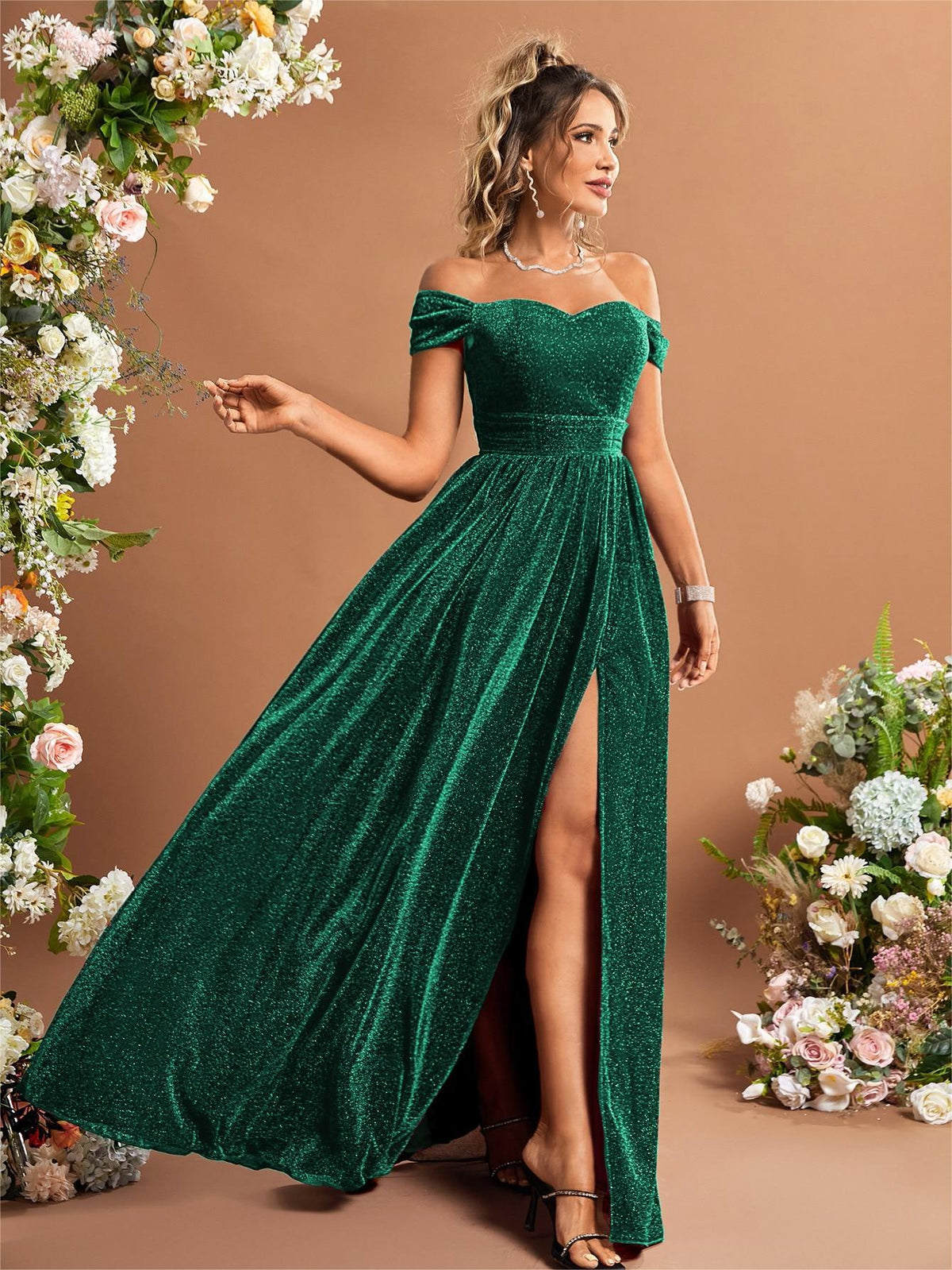 Off Shoulder Evening Dress Slit Metallic Fabric Large Swing Dance Dress Party Dress Bridesmaid Dress Summer
