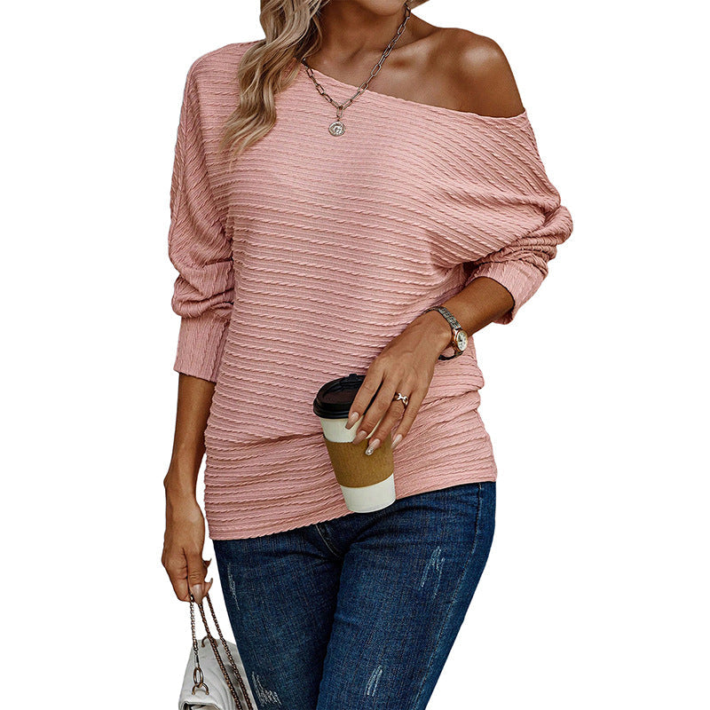 Autumn Twist Knitted Bottoming Shirt Women Solid Color Diagonal Collar Long Sleeve T Shirt Women