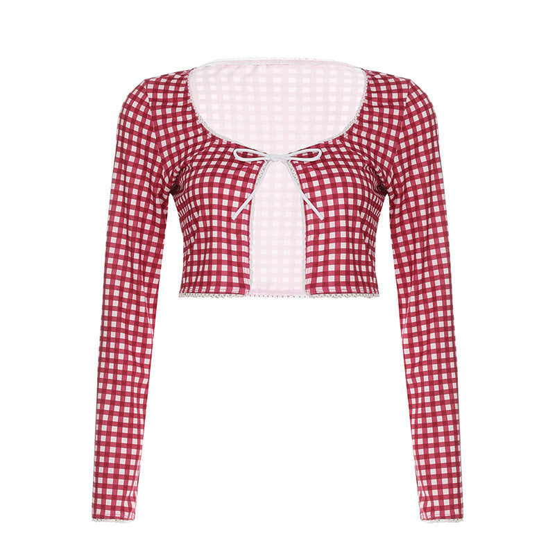 Plaid Drawstring Long Sleeved Top Slim Fit Fifth Pants Middle Pants Sets Pajamas Home Casual Two Piece Sets Women