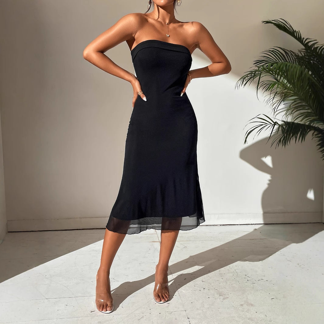 Women Solid Color Sexy Tube Top Cinched Waist Evening Dress Double Layer Mesh Stitching Dress