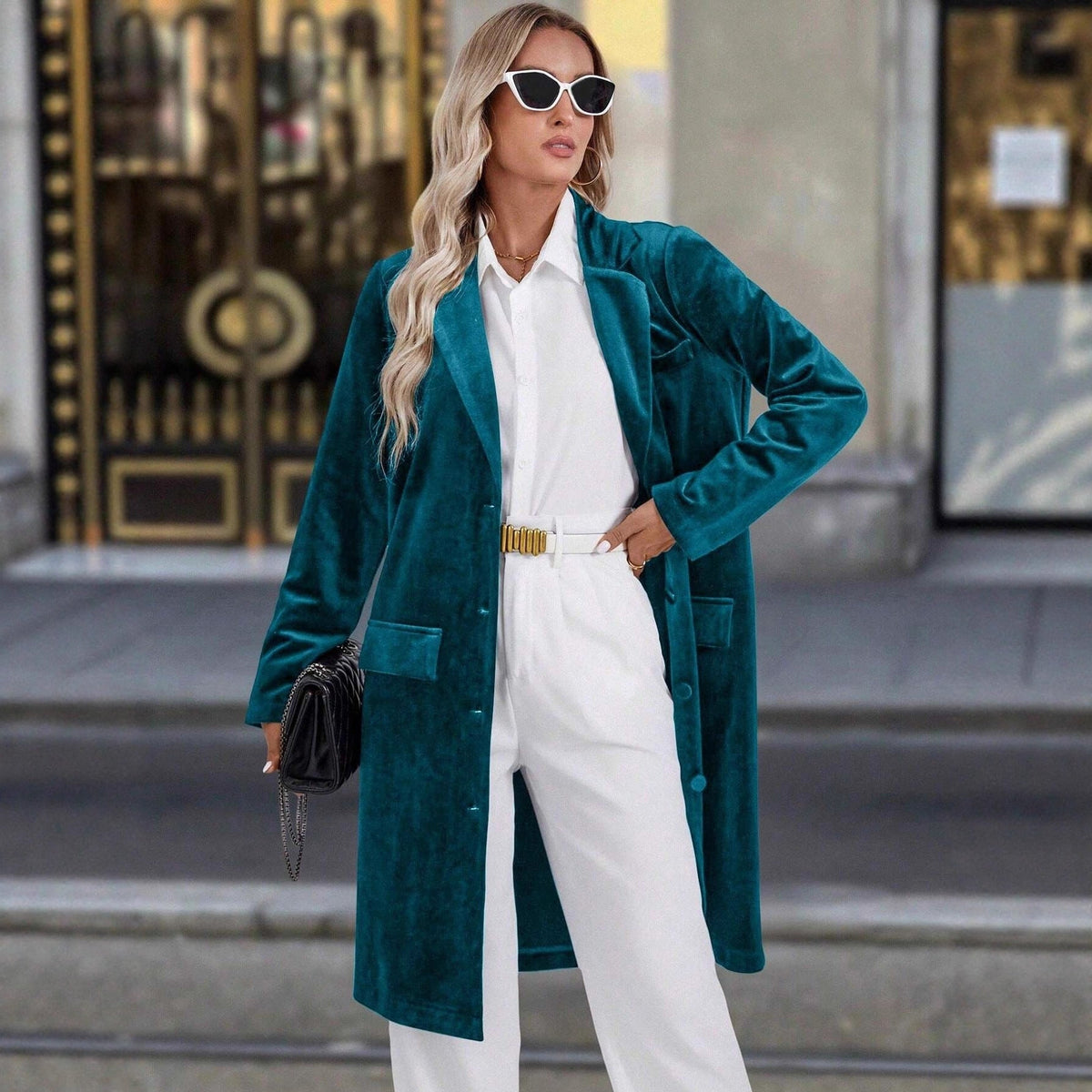 Arrival Loose Velvet Trench Coat Collared Long Sleeve Casual Single Breasted Long Blazer Women