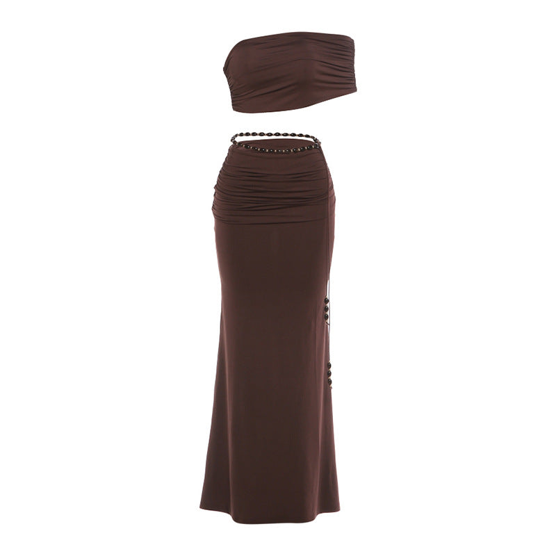 Spring Women Pleated Sexy Cropped Tank Top Low Waist Hip Wrapped Skirt Two Piece Sets