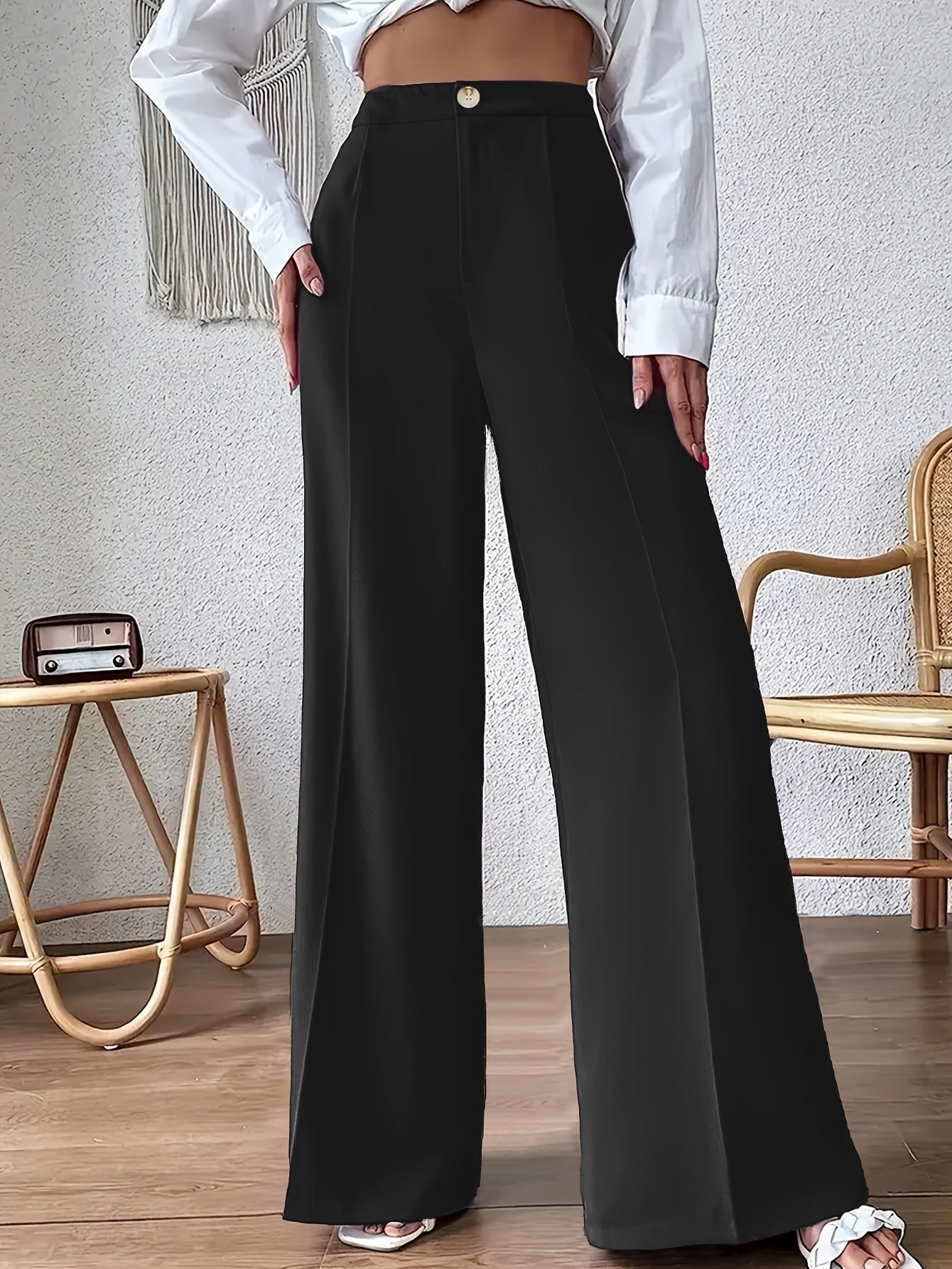 Ladies Solid Color Wide Leg Pants Elegant Pull Button Loose Straight Work Pant