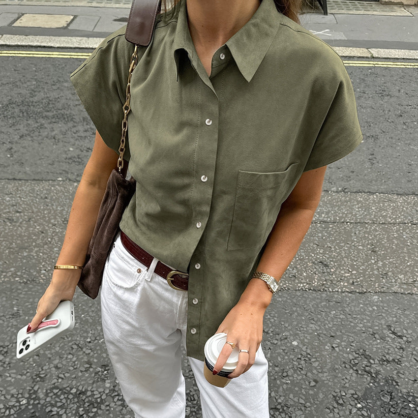 Spring Summer Casual Lazy Green Short Sleeve Retro Elegant Pocket Shirt Street Loose Shirt