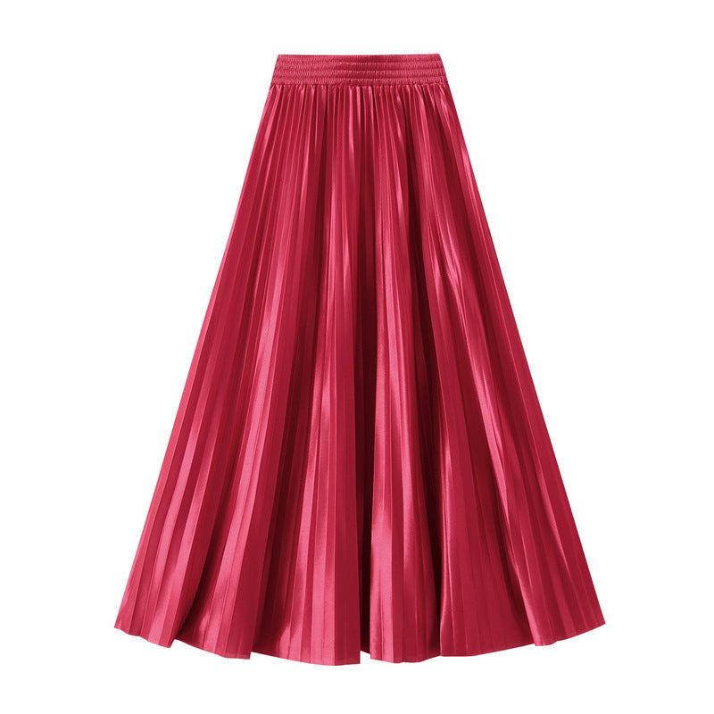Slimming Spring Glossy Glossy High Waist Pleated A line Slimming Long Skirt Women Skirt