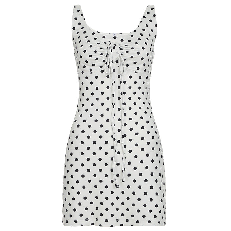 Summer Polka Dot Printed Waist Controlled A line Sexy Mini Strap Dress