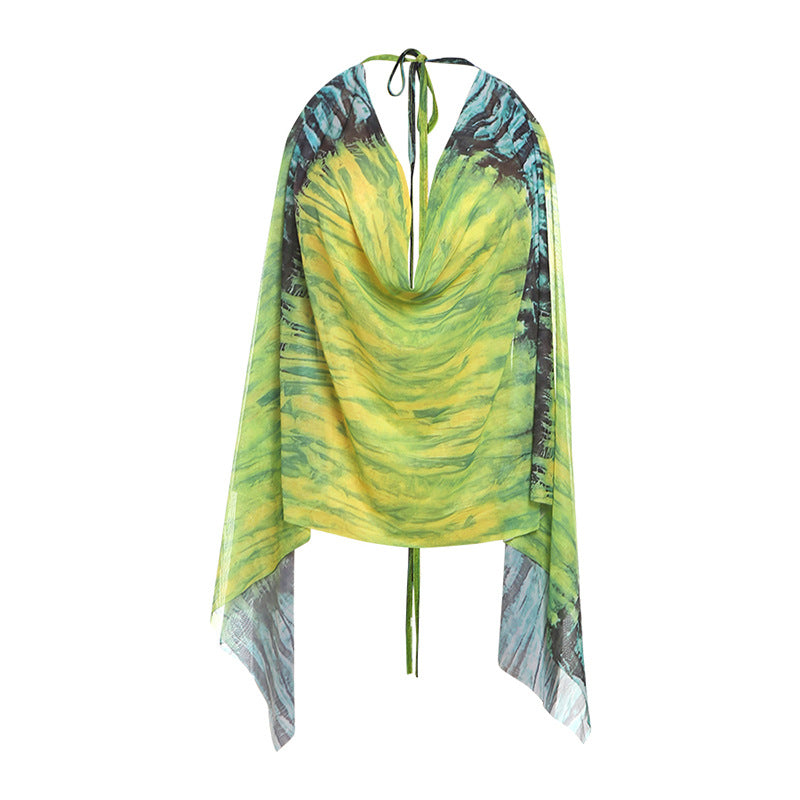 Summer Sexy Deep V Plunge V neck Backless Bandage Sleeveless Printed Cool Top